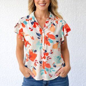 Chico's Women's Floral Print Blouse Flutter Short Sleeve Top Polo Size 2 Large